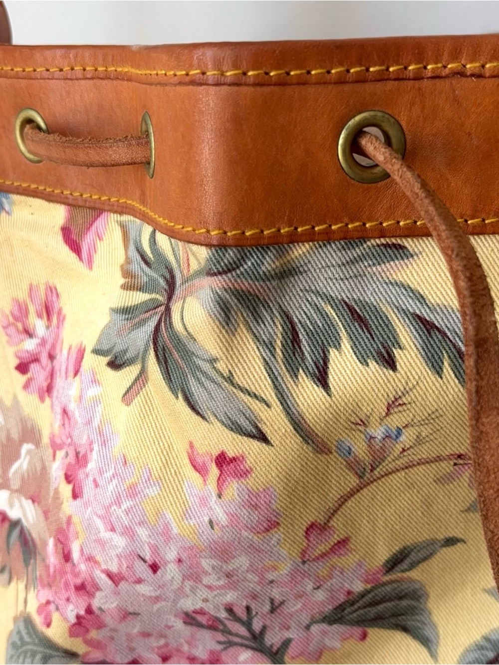 Vintage 80s Ralph Lauren Yellow Floral Drawstring Bucket Bag Leather Canvas Tote - Picture 9 of 15